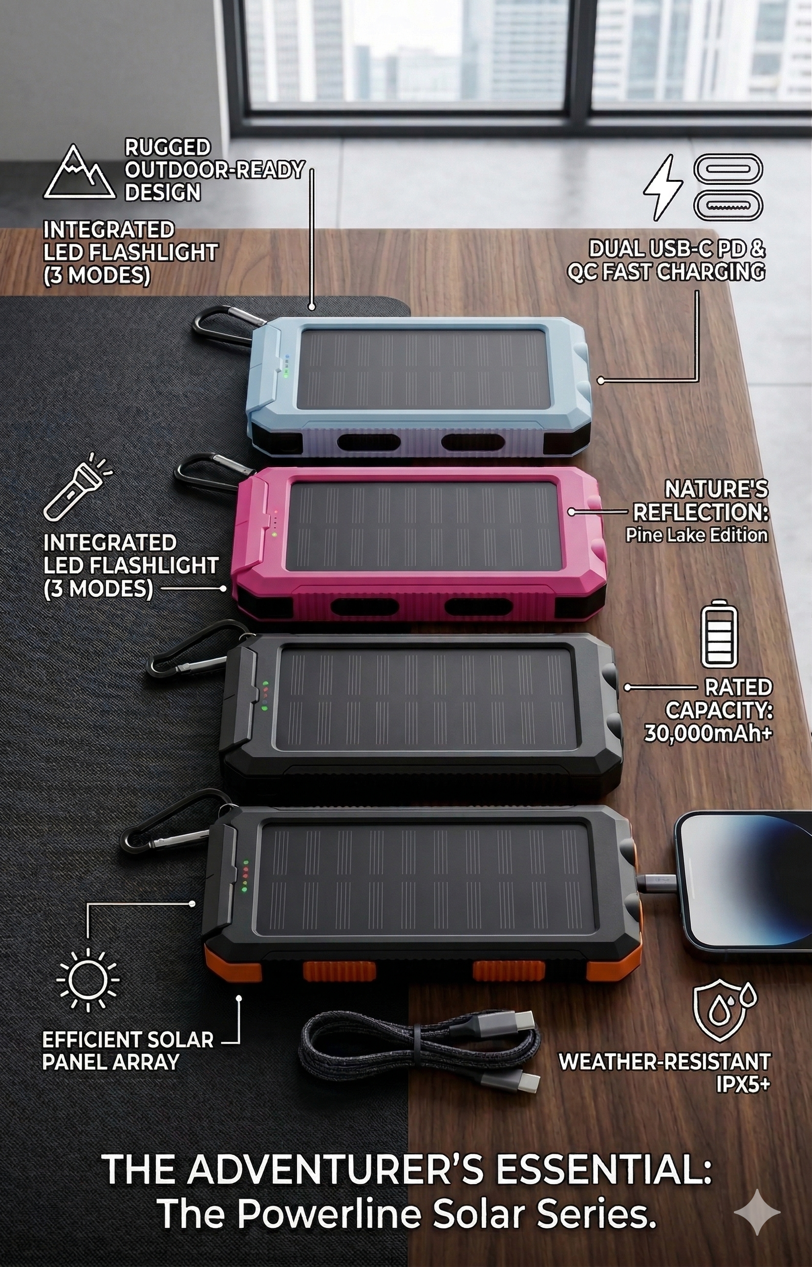 Light Blue Solar  Charger  20000MAH, Portable Dual USB